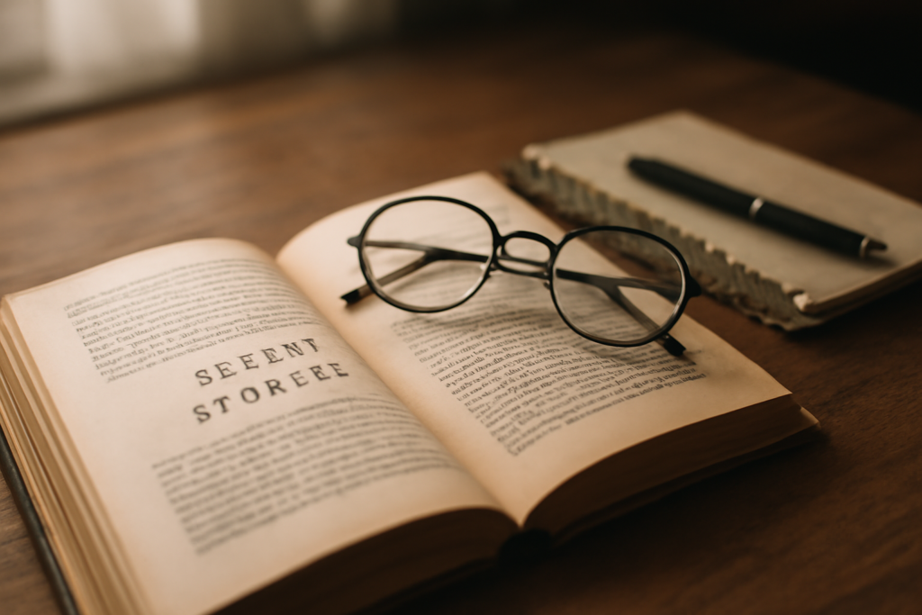 Buku kumpulan cerpen klasik terbuka di meja kayu dengan kacamata baca dan buku catatan