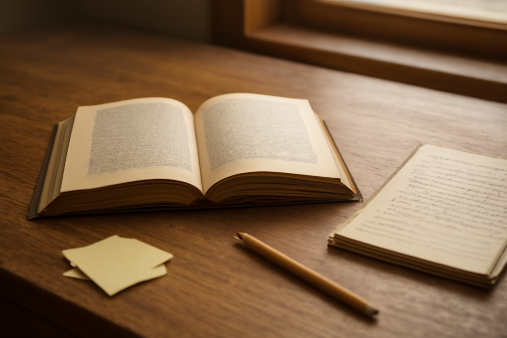 Buku cerpen klasik terbuka dengan pensil dan catatan tangan di meja kayu