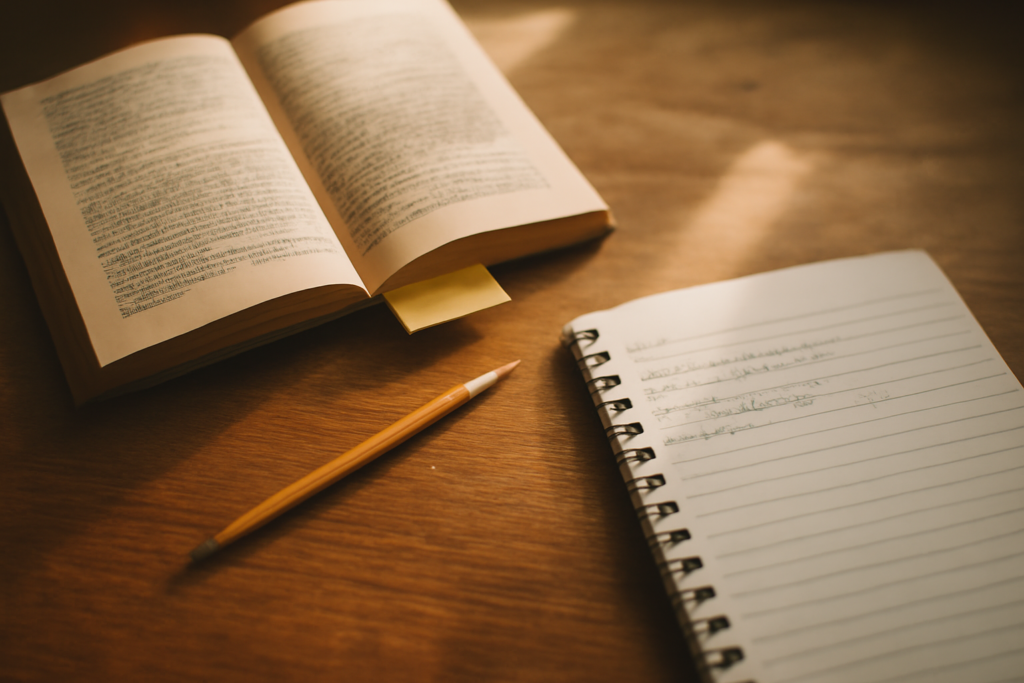 Buku cerpen klasik terbuka dengan pensil, sticky note, dan buku catatan di atas meja kayu