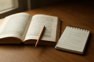 Buku cerpen klasik terbuka dengan pensil dan buku catatan untuk membuat ringkasan