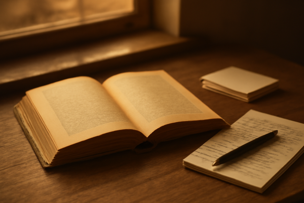 Buku antologi cerpen klasik terbuka di atas meja kayu dengan catatan tangan dan pena