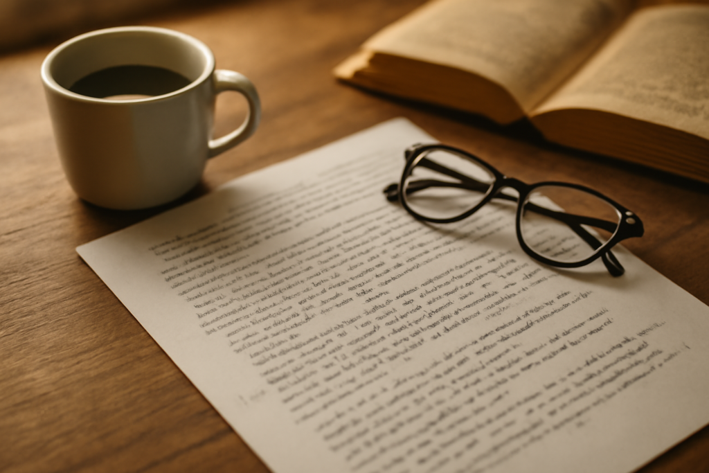Meja penyuntingan dengan naskah cerpen klasik bertanda pensil, buku terbuka, dan kopi