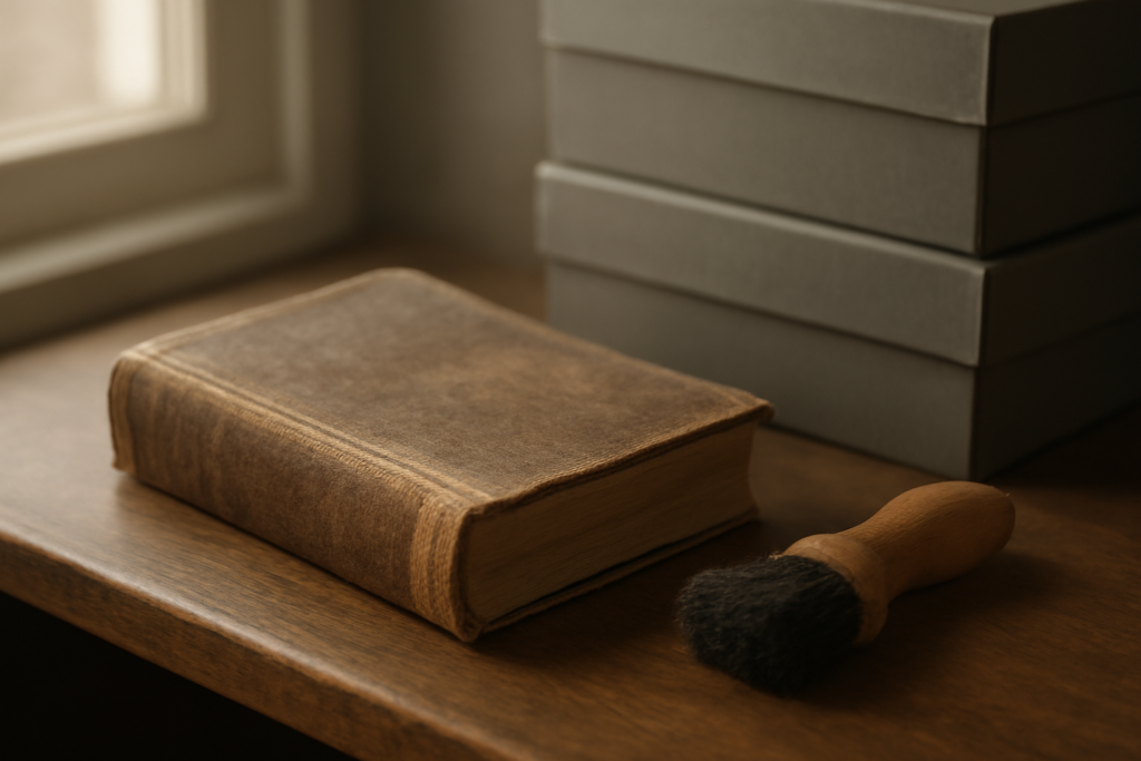 Buku klasik bersampul keras di rak kayu dengan kuas pembersih dan kotak arsip