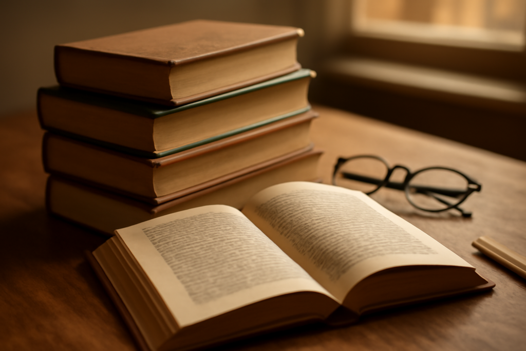 Empat edisi cerpen klasik ditata di atas meja kayu dengan satu buku terbuka memperlihatkan catatan kaki